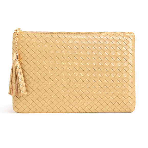 VIRGINIA WOLF Mimi Woven Pouch Metallic Gold Vegan Leather Curateur Rachel Zoe - Picture 1 of 8